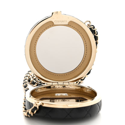 Chanel Lambskin Enamel Quilted Round Poker Chip Clutch With Chain Black White 5 of 11