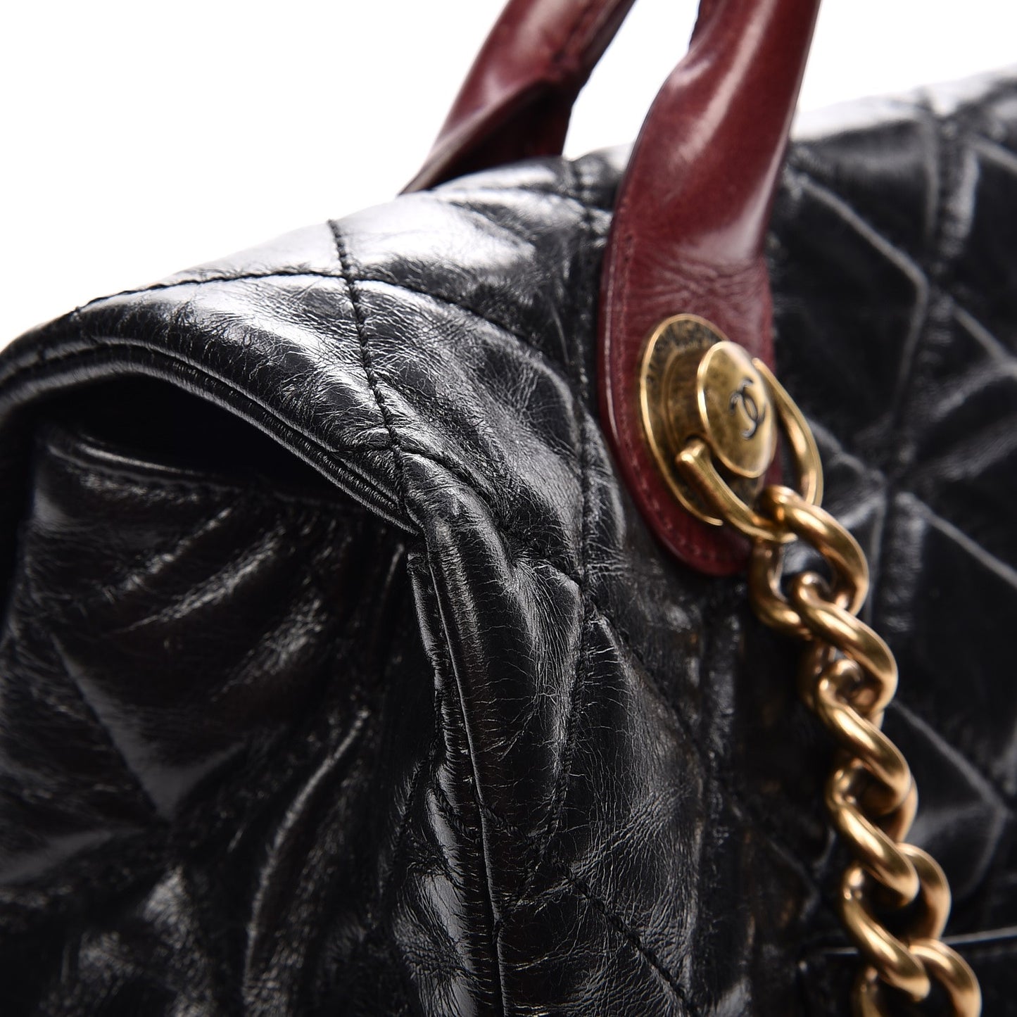 Glazed Calfskin Castle Rock Large Flap Black Burgundy