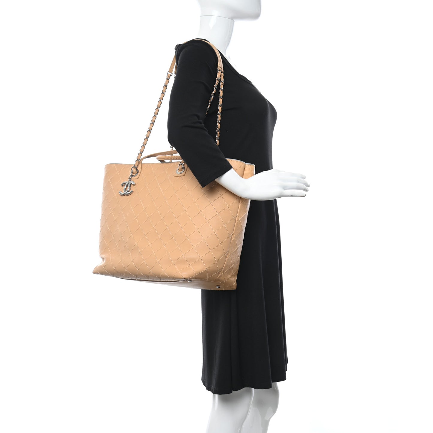 Calfskin Stitched Large Shopping Tote Beige