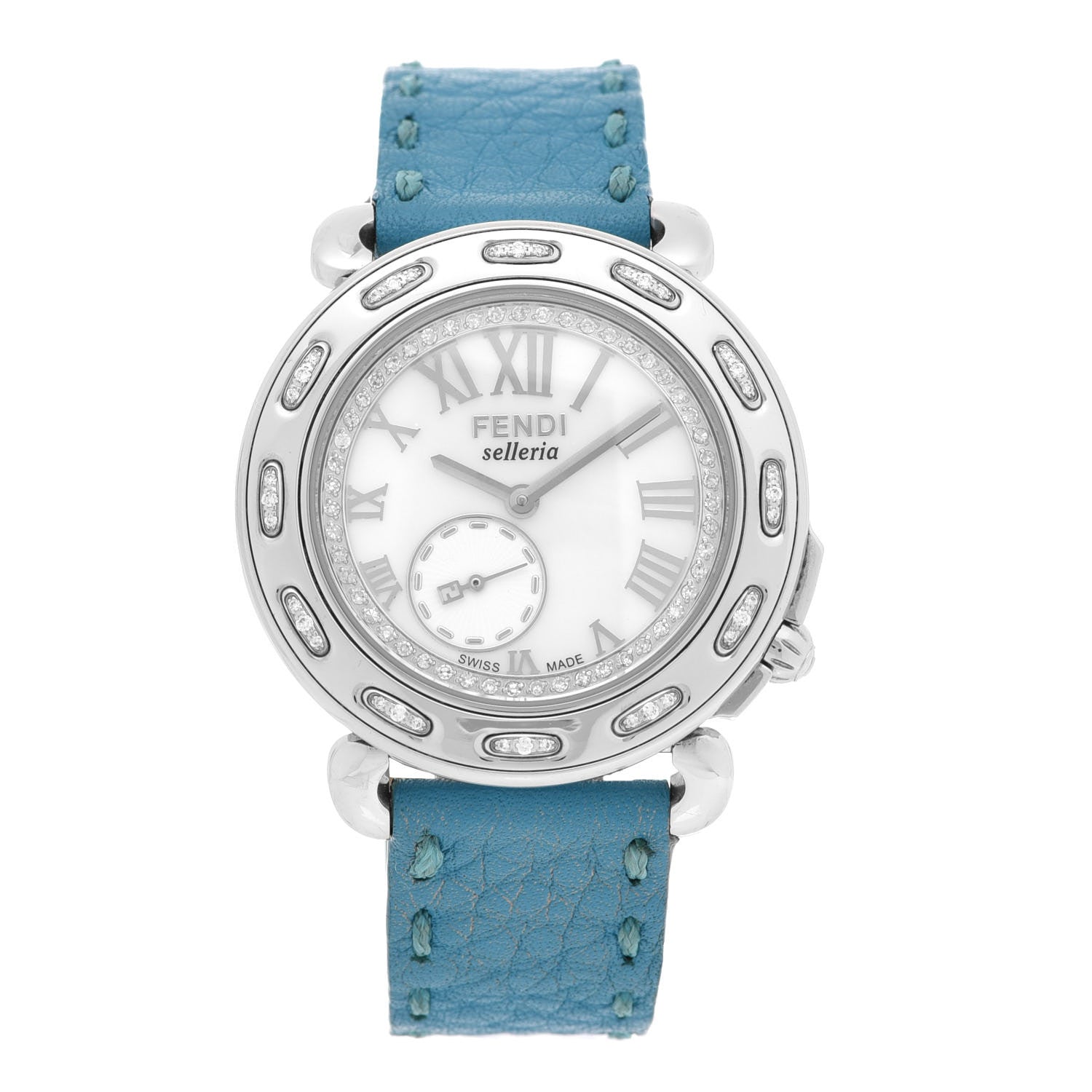 Fendi Stainless Steel Calfskin Diamond Mother of Pearl 37mm Selleria Quartz Watch Blue 1 of 5