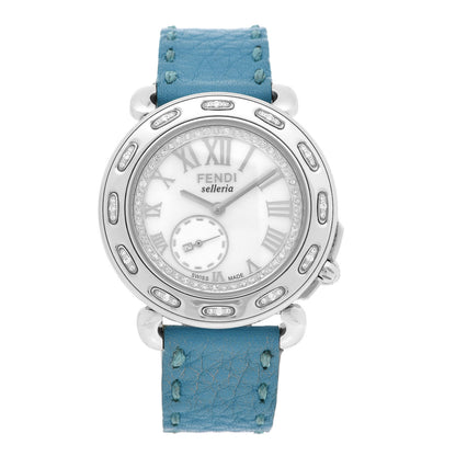 Fendi Stainless Steel Calfskin Diamond Mother of Pearl 37mm Selleria Quartz Watch Blue 1 of 5
