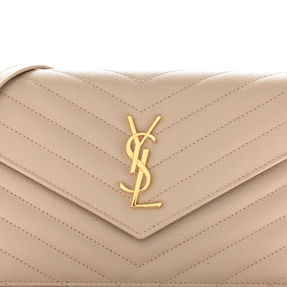 Saint Laurent Grain De Poudre Matelasse Chevron Monogram Envelope Chain Wallet Dark Beige 7 of 10
