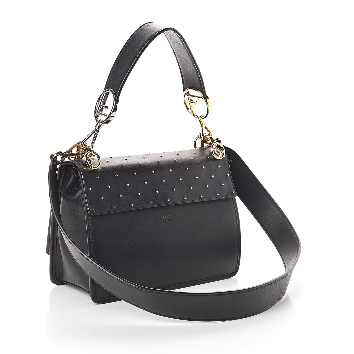 Fendi Vitello Liberty F is Studded Kan I Shoulder Bag Black Gold 3 of 9