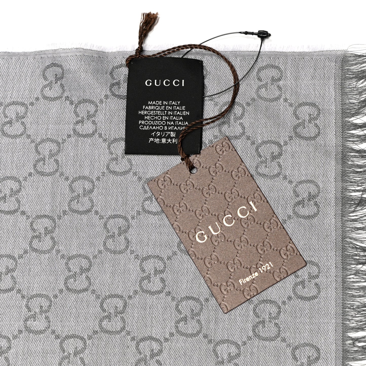 Wool Silk GG Monogram GGWeblong Fringe Scarf Shawl Pearl Medium Grey