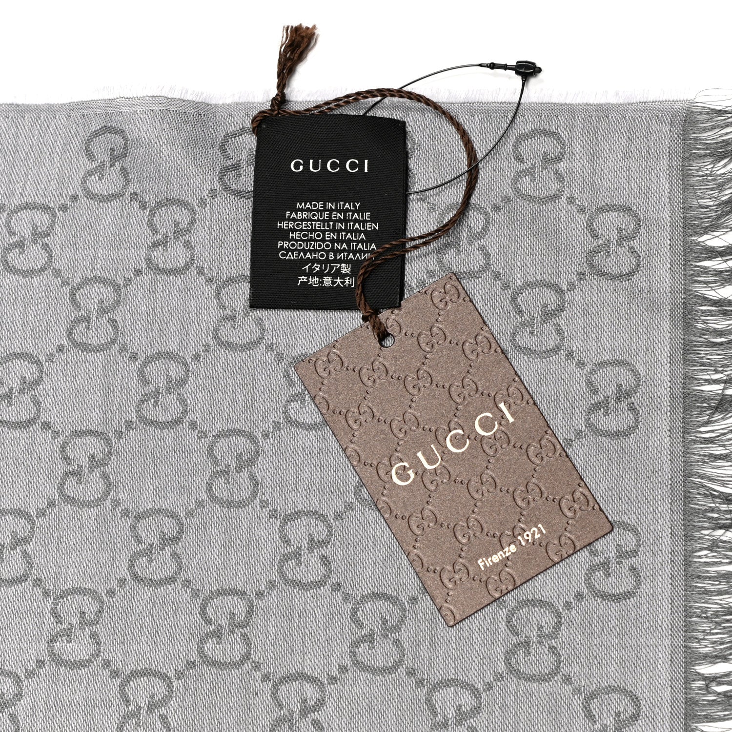 Gucci Wool Silk GG Monogram GGWeblong Fringe Scarf Shawl Pearl Medium Grey 5 of 5