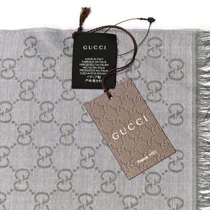 Gucci Wool Silk GG Monogram GGWeblong Fringe Scarf Shawl Pearl Medium Grey 5 of 5