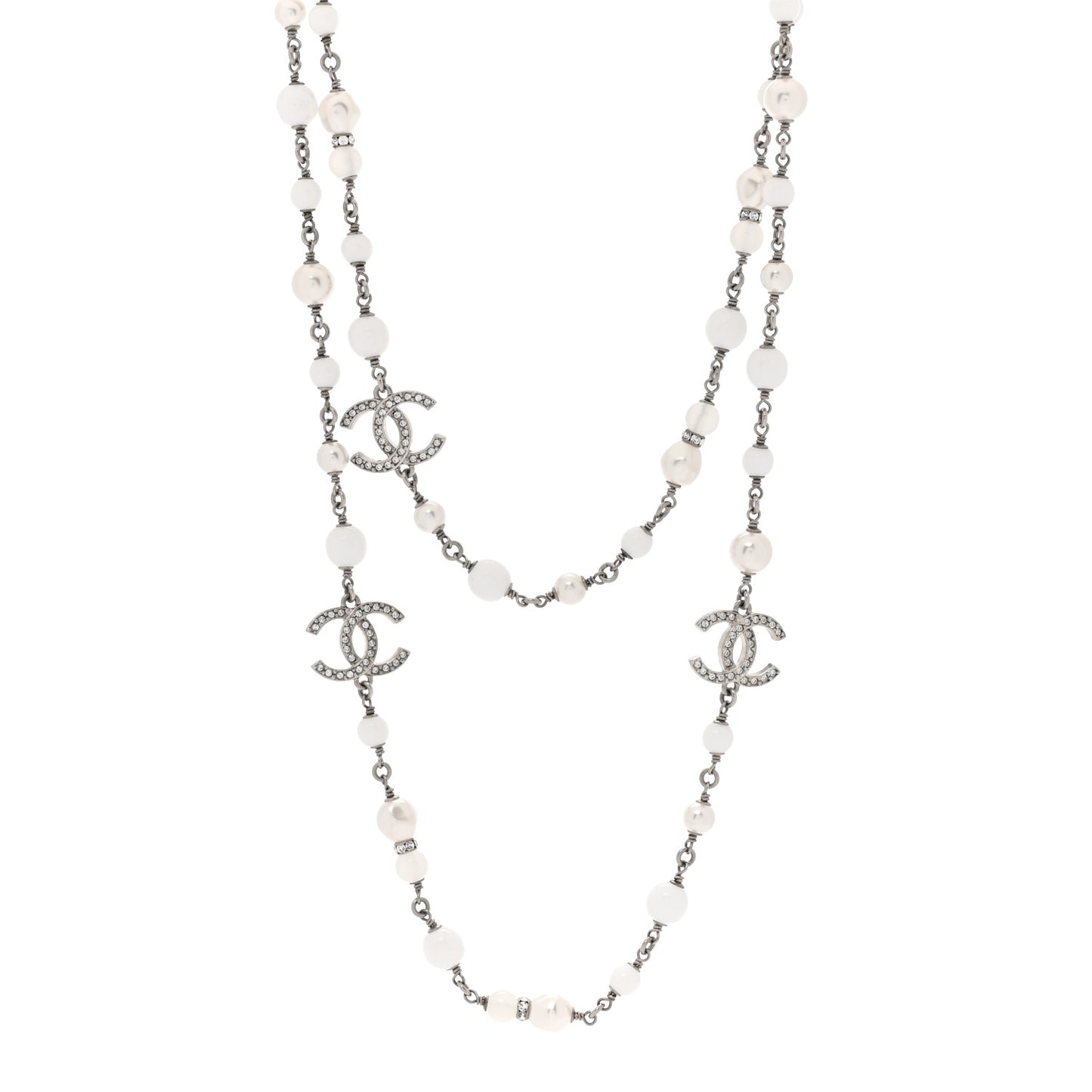 Crystal Pearl CC Long Necklace Silver Pearly White