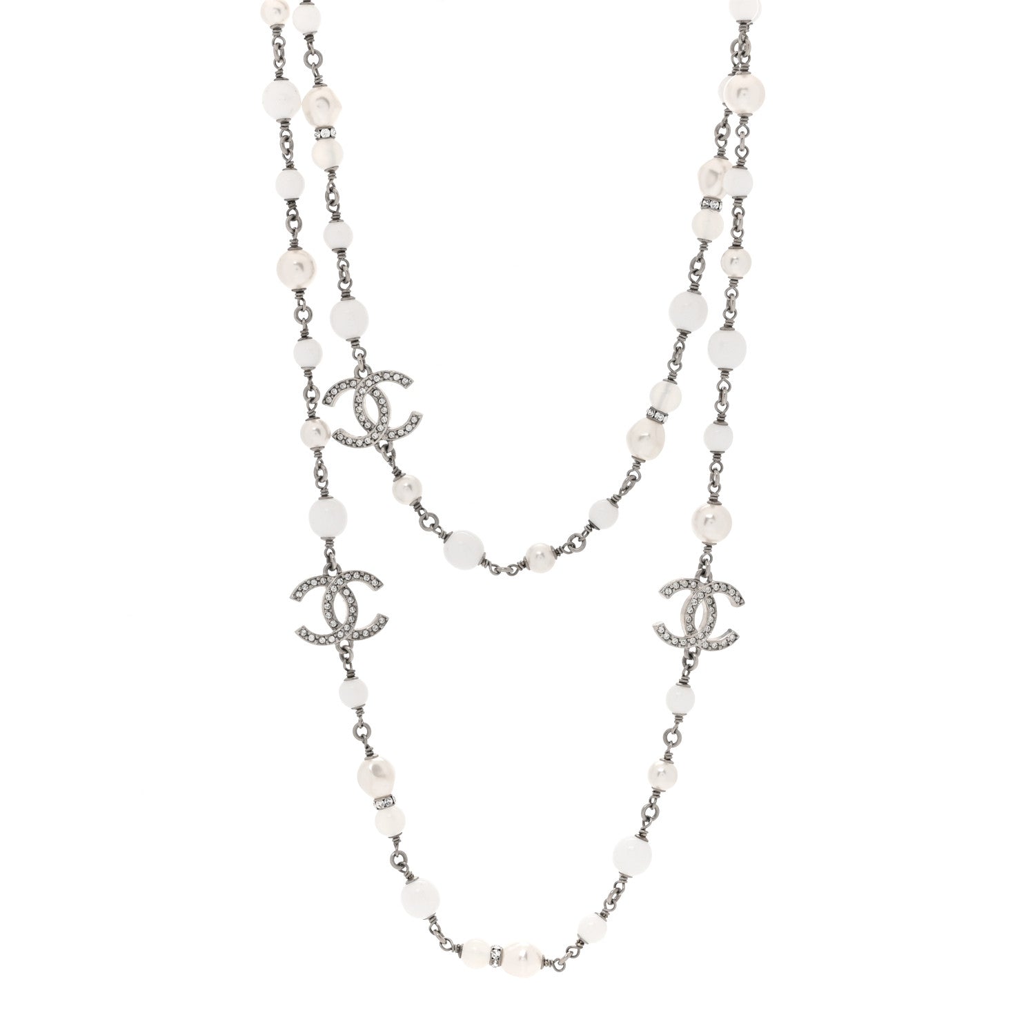Chanel Crystal Pearl CC Long Necklace Silver Pearly White 1 of 5