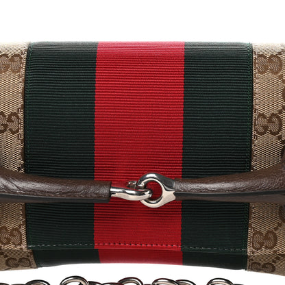 Gucci Monogram Textured Dollar Calfskin Heavy Grosgrain Web Medium Maxi Horsebit Chain Shoulder Bag Beige Ebony New Acero 7 of 9