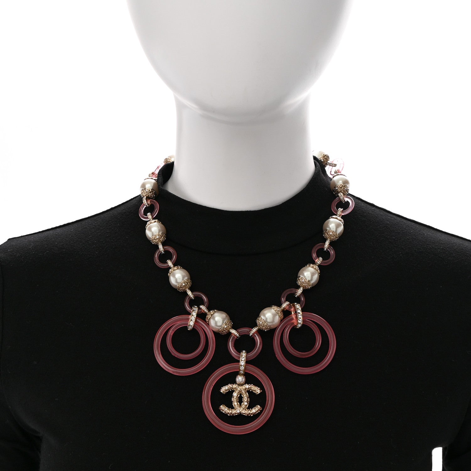 Chanel Pearl Crystal Resin CC Round Charms Necklace Gold Pink 2 of 8