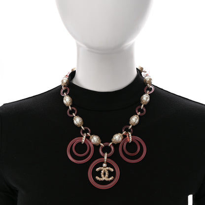 Chanel Pearl Crystal Resin CC Round Charms Necklace Gold Pink 2 of 8