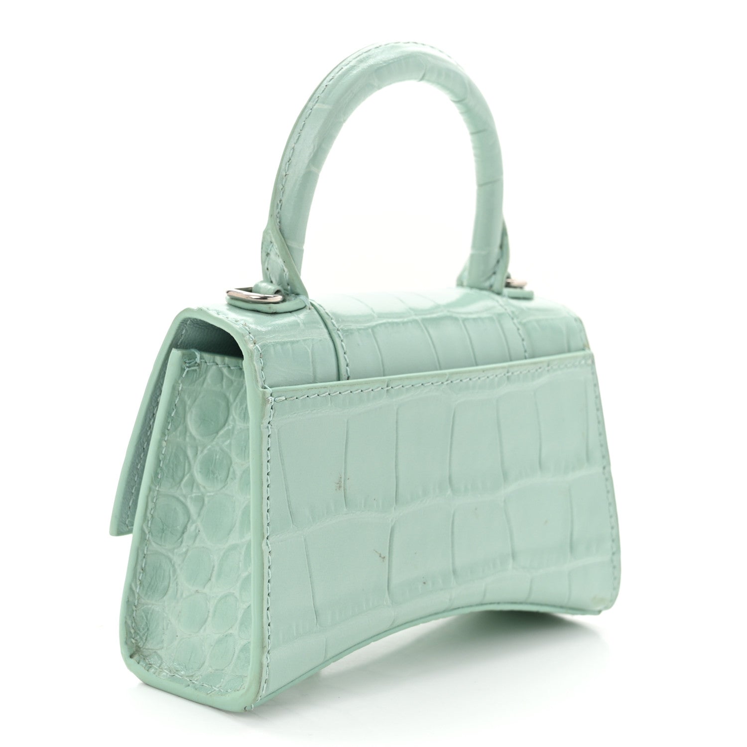 Balenciaga Shiny Calfskin Crocodile Embossed Hourglass Top Handle Bag Mini with Chain Green Acqua 3 of 11