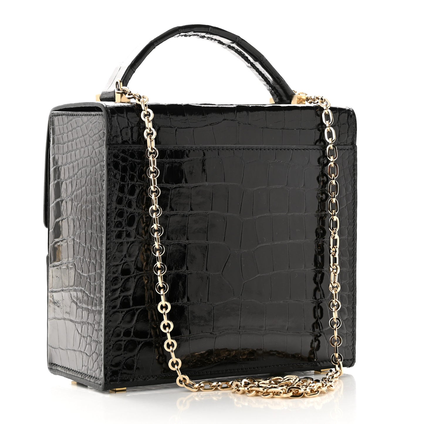 Shiny Alligator Cinhetic Boxy Top Handle Bag Black