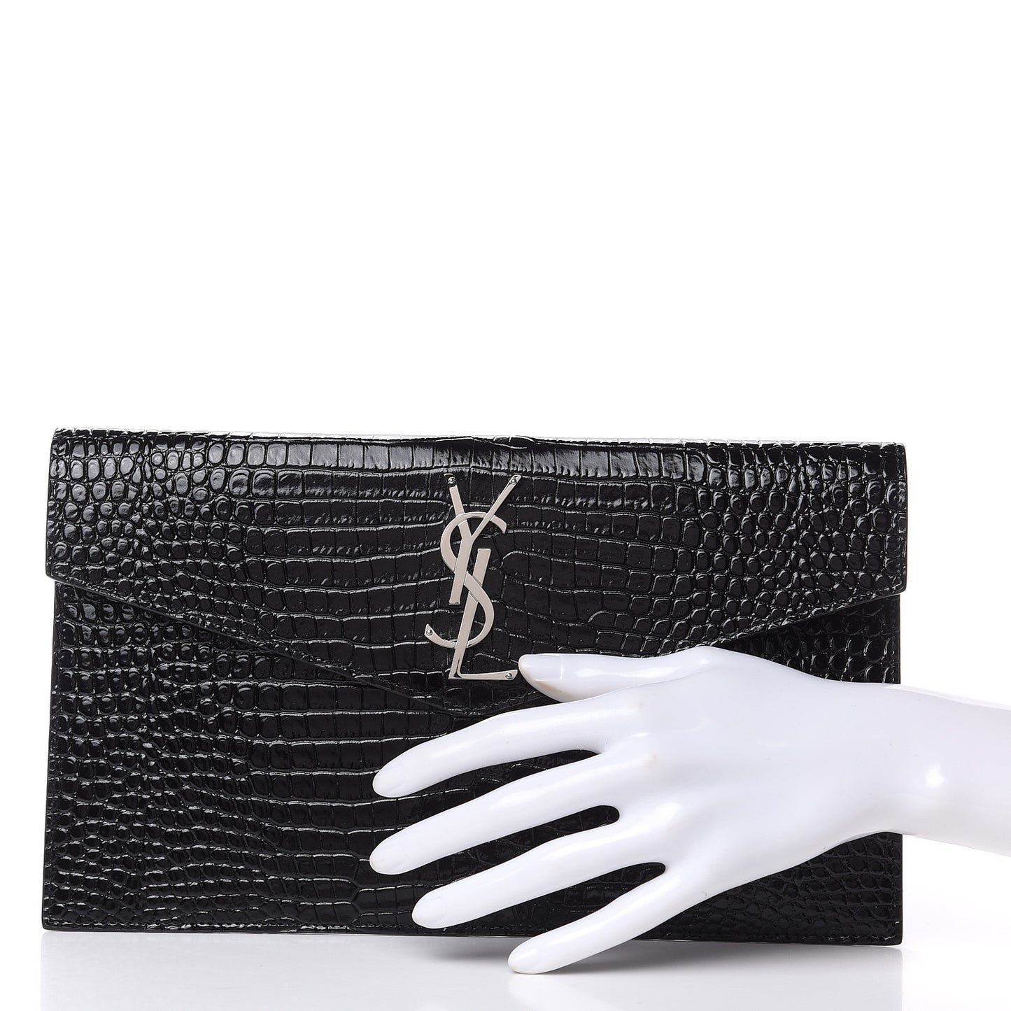Calfskin Crocodile Embossed Uptown Monogram Clutch Black