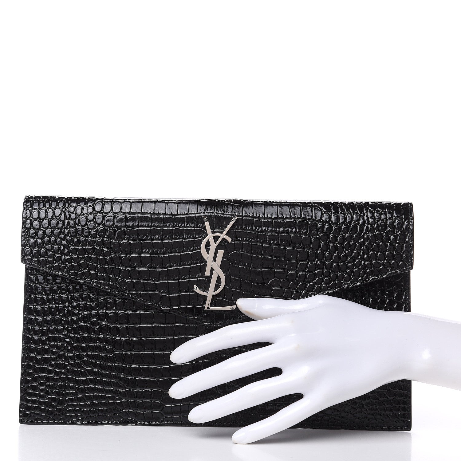 Saint Laurent Calfskin Crocodile Embossed Uptown Monogram Clutch Black 2 of 6