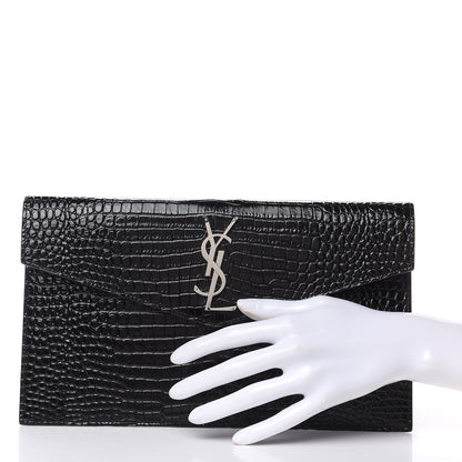 Saint Laurent Calfskin Crocodile Embossed Uptown Monogram Clutch Black 2 of 6