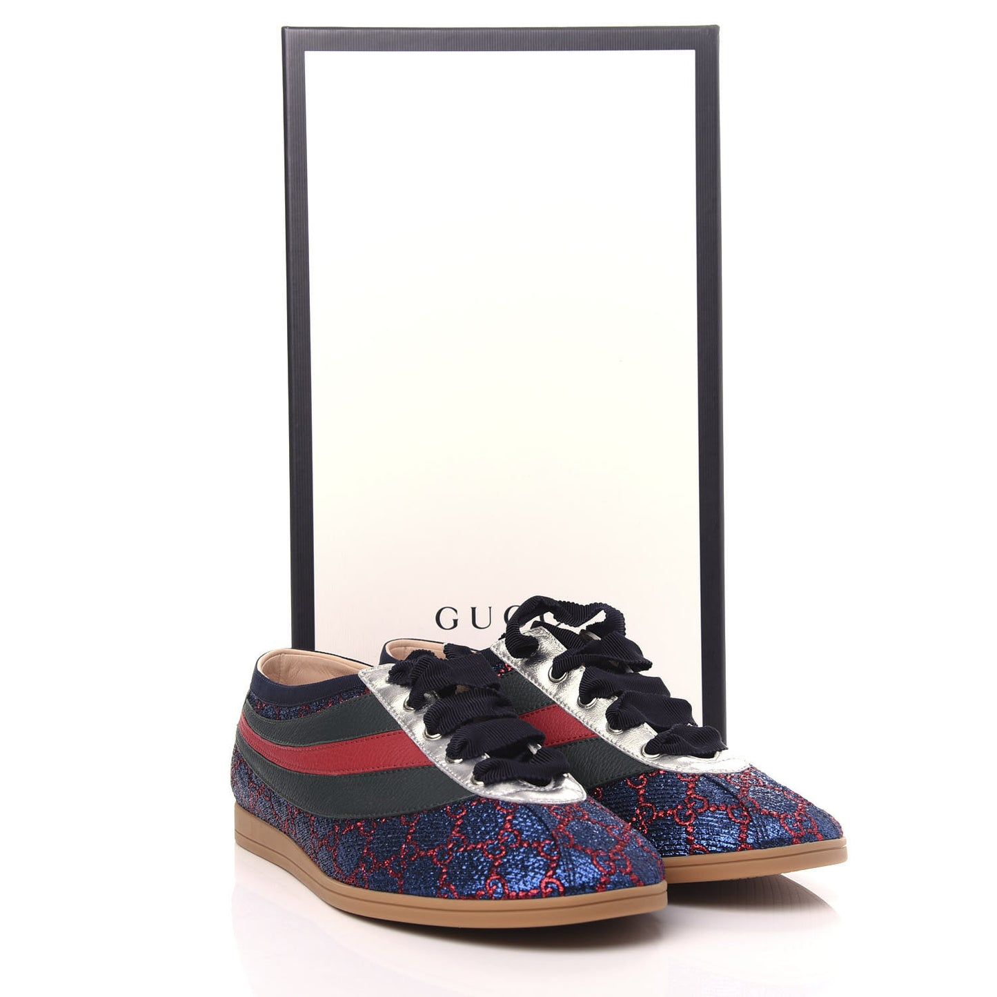 Lurex Calfskin Web GG Monogram Mens Falacer Sneakers 8 Iridescent Blue Iridescent Red Silver