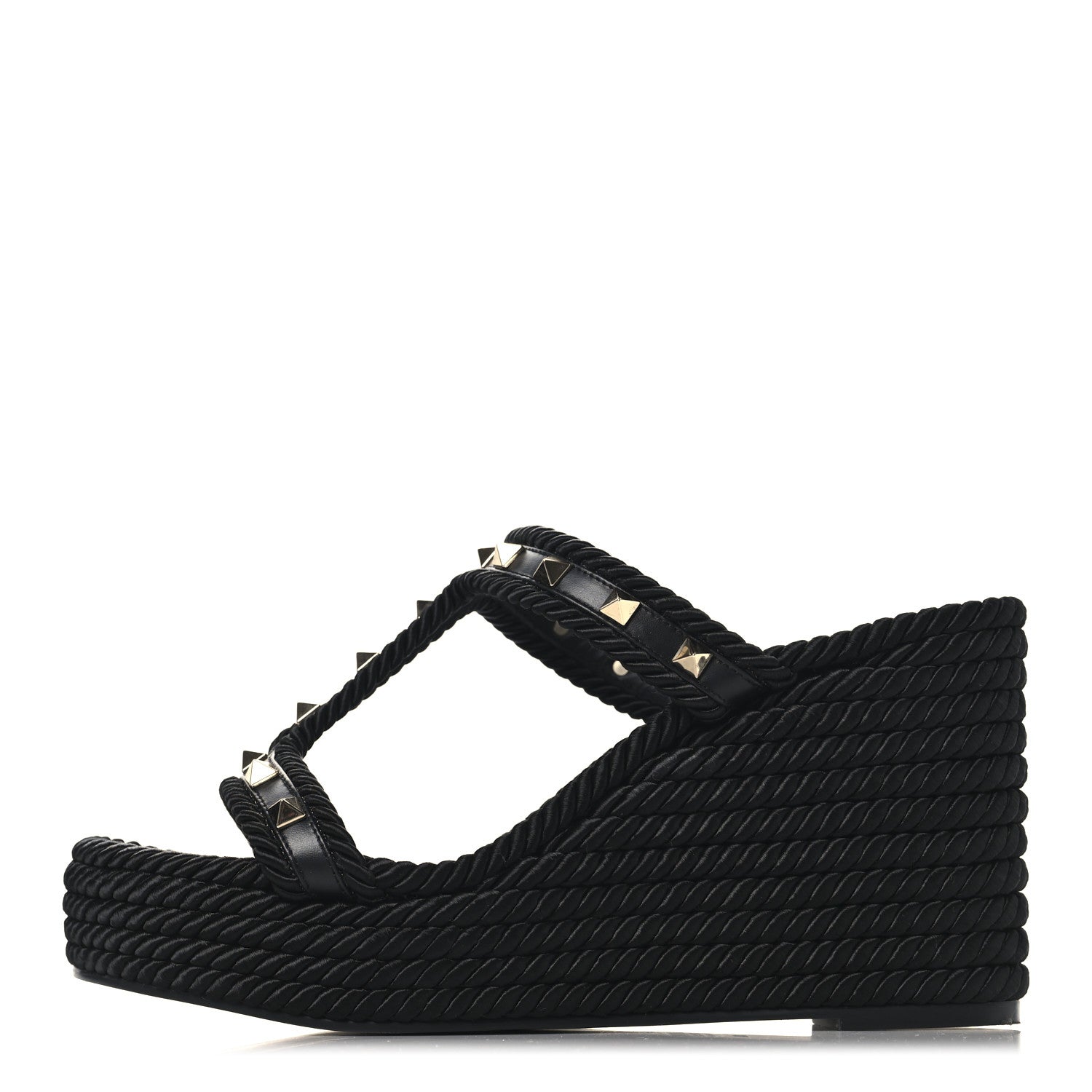 Valentino Garavani Calfskin Rockstud Torchon Espadrille Caged 25/95mm Wedge Sandals 39 Black 1 of 7