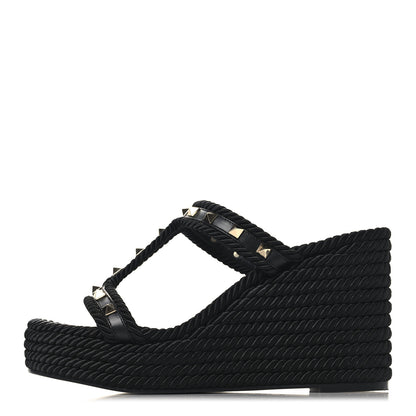 Valentino Garavani Calfskin Rockstud Torchon Espadrille Caged 25/95mm Wedge Sandals 39 Black 1 of 7