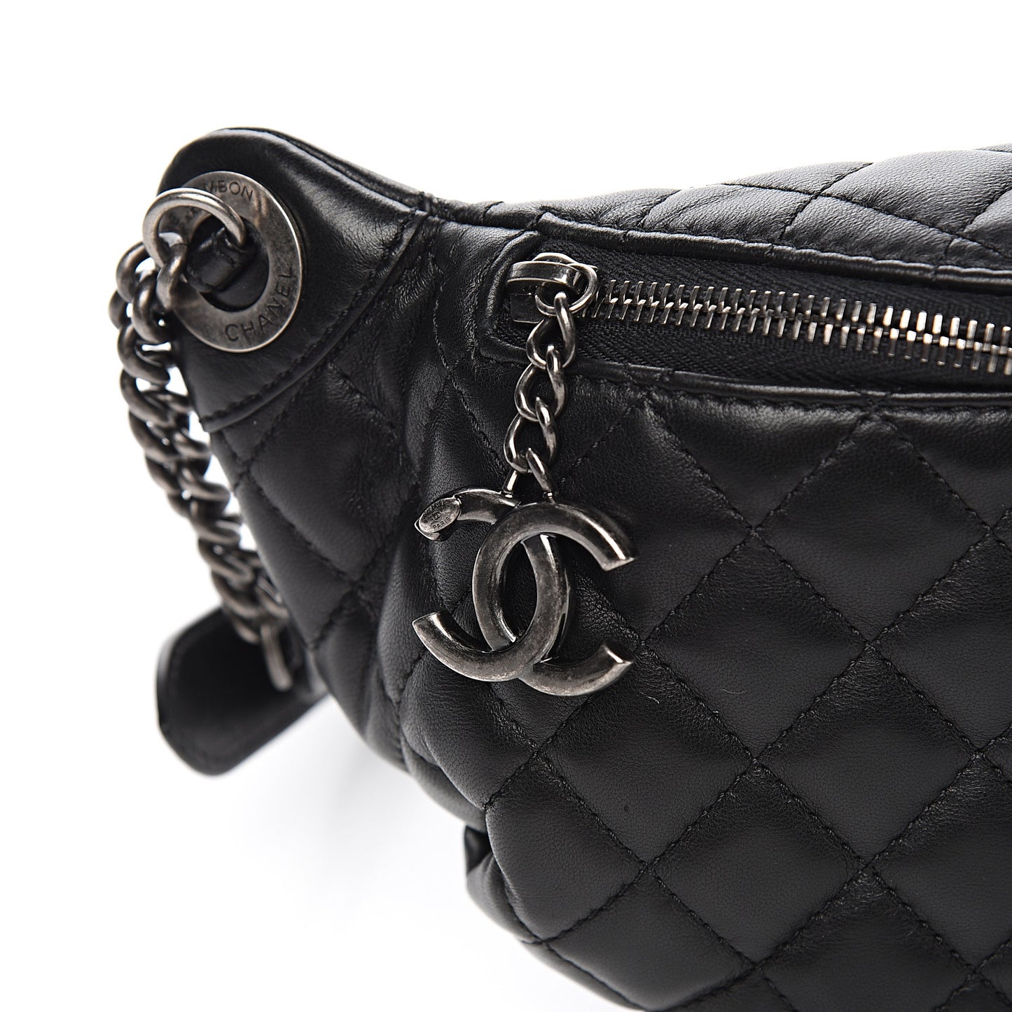 Lambskin Quilted Banane Waist Bag Fanny Pack Black