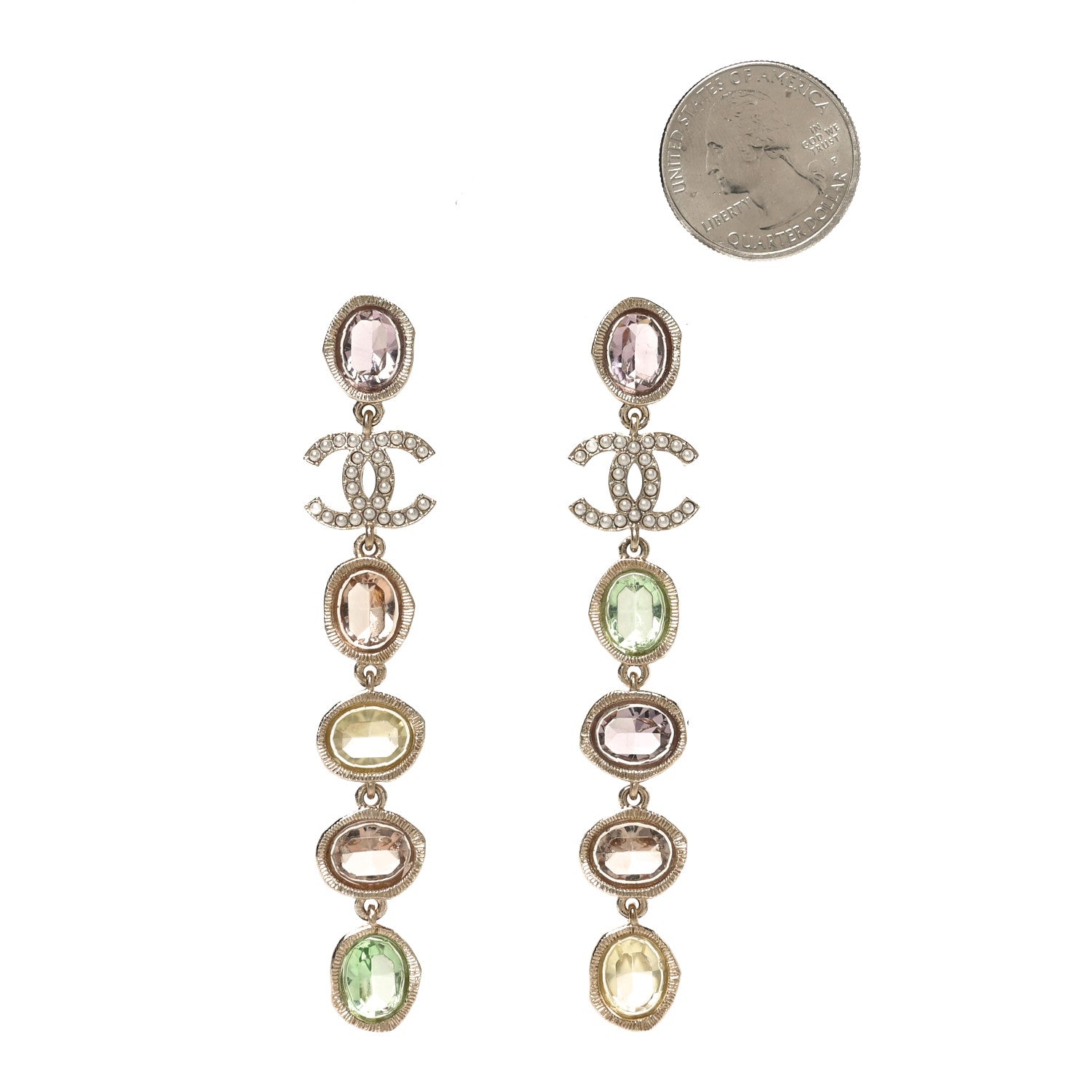 Chanel Metal Glass Crystal Strass Pearl CC Drop Earrings Gold Multicolor Pearly White 2 of 4
