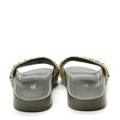 Chanel Canvas Chain Flat Sandals 38 Khaki 7 of 10