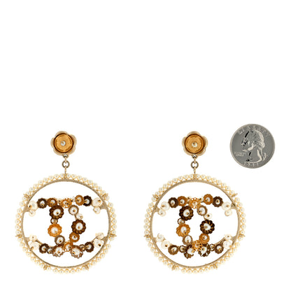 Chanel Pearl Crystal CC Camelia Hoop Earrings Gold 2 of 4