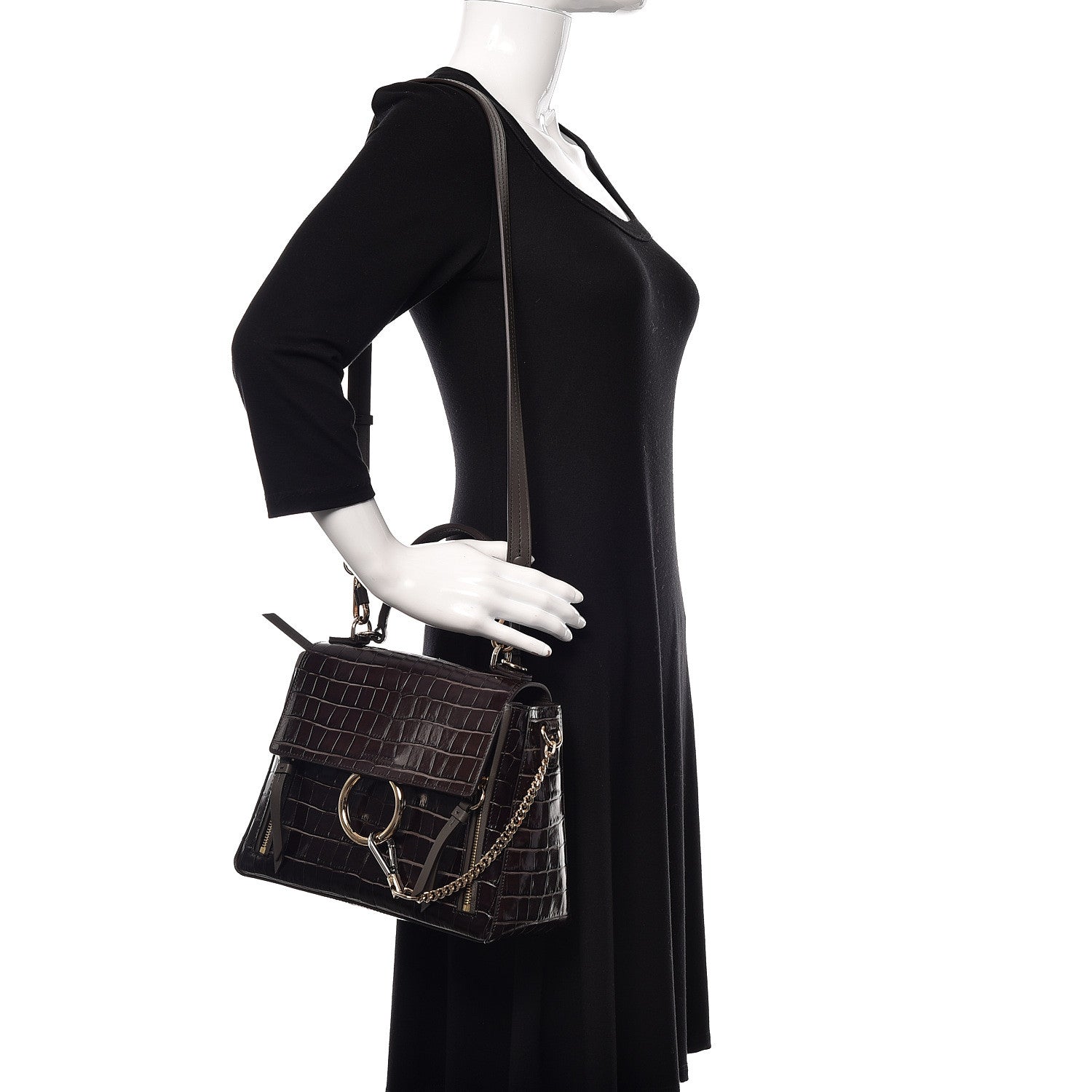 Chloe Calfskin Crocodile Embossed Small Faye Day Shoulder Bag Profound Brown 2 of 9