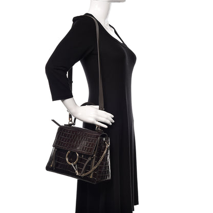 Chloe Calfskin Crocodile Embossed Small Faye Day Shoulder Bag Profound Brown 2 of 9