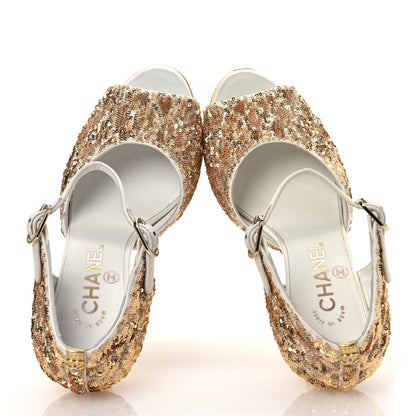 Chanel Metallic Sequin Peep Toe Pumps 37.5 Light Gold White 2 of 14
