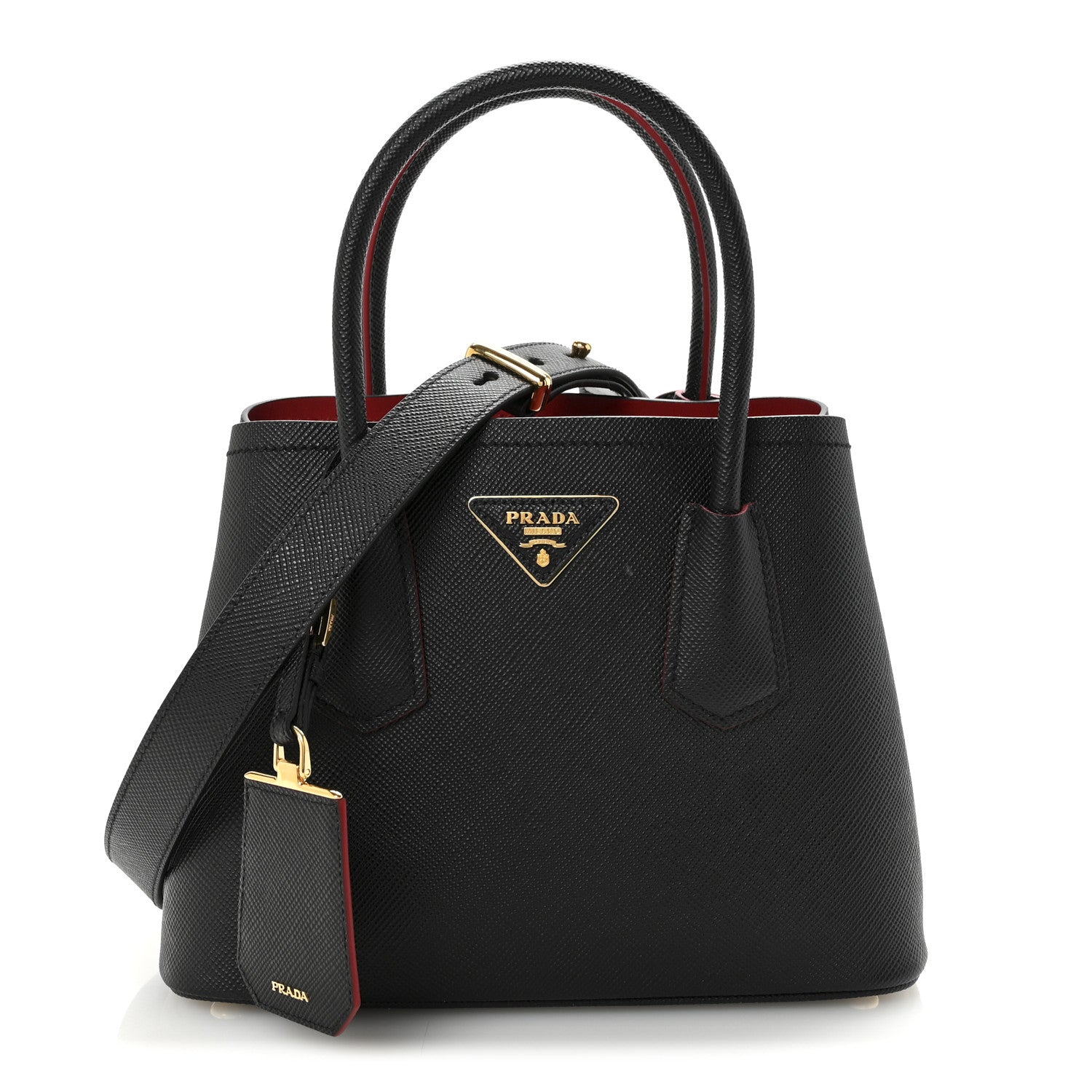 Prada Saffiano Cuir Mini Double Bag Black Fuoco 1 of 9