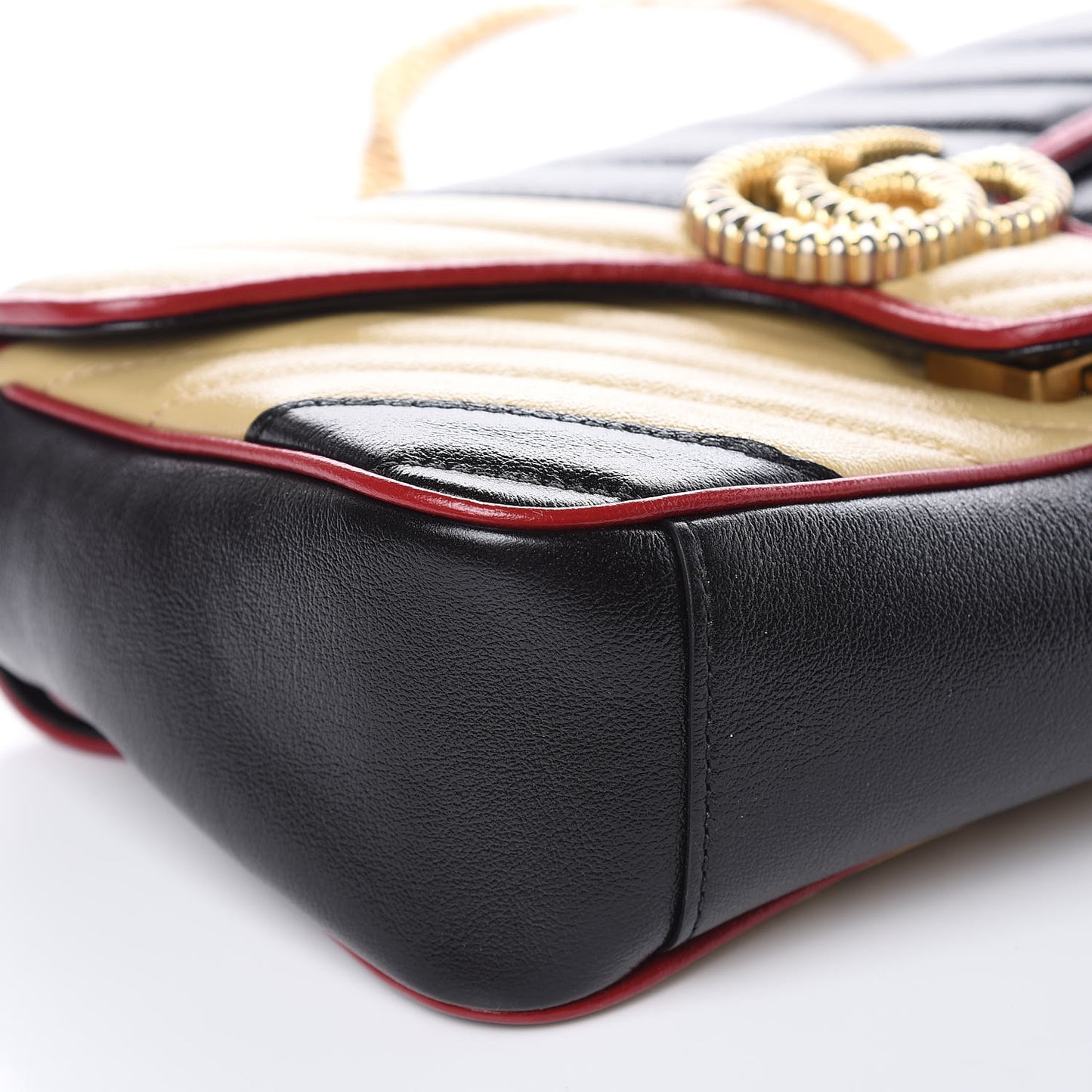 Vintage Effect Calfskin Matelasse Diagonal Striped Small Torchon GG Marmont Shoulder Bag Black Beige