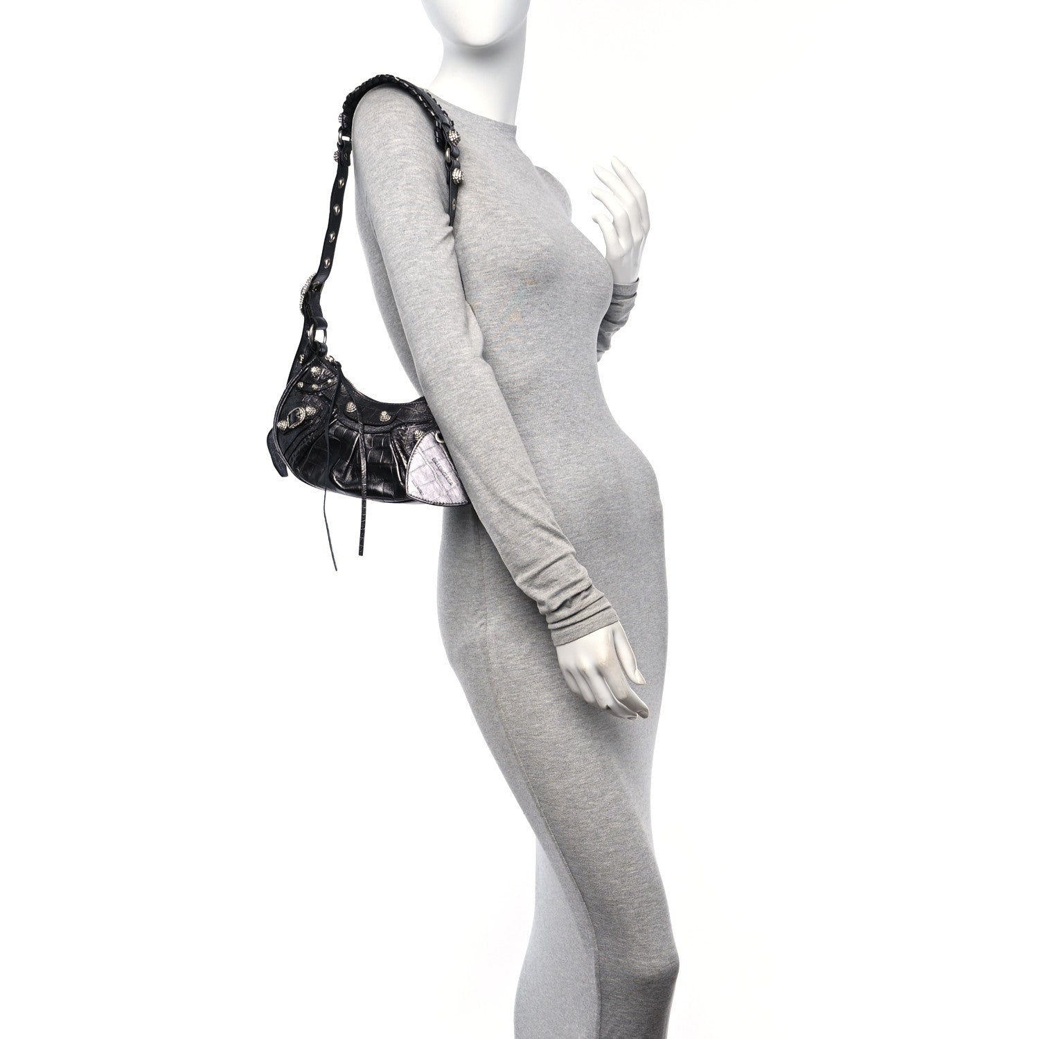 Balenciaga Extra Supple Calfskin Crystal Crocodile Embossed Le Cagole Shoulder Bag XS Gunmetal 2 of 11