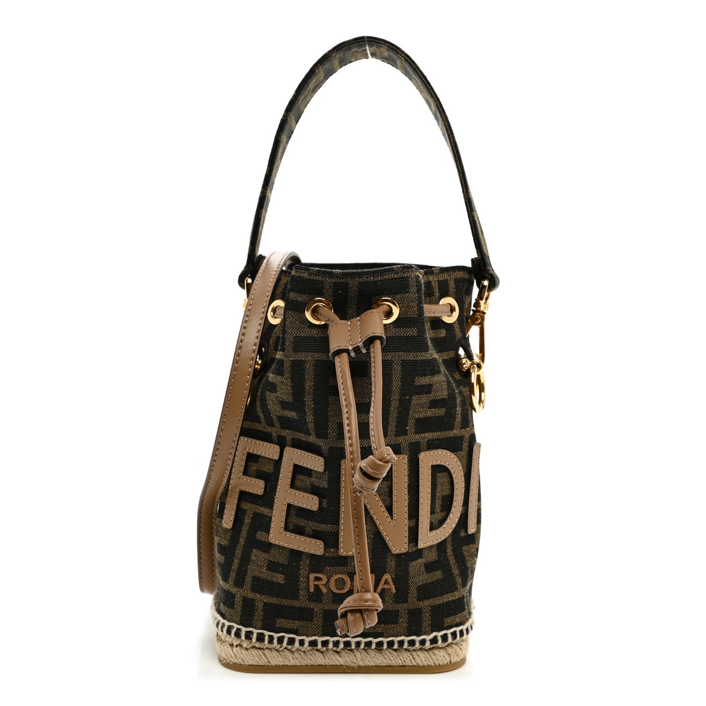 Fabric Jacquard Vitello Grace Raffia FF 1974 Logo Mini Mon Tresor Bucket Bag Tobacco Moro Sand