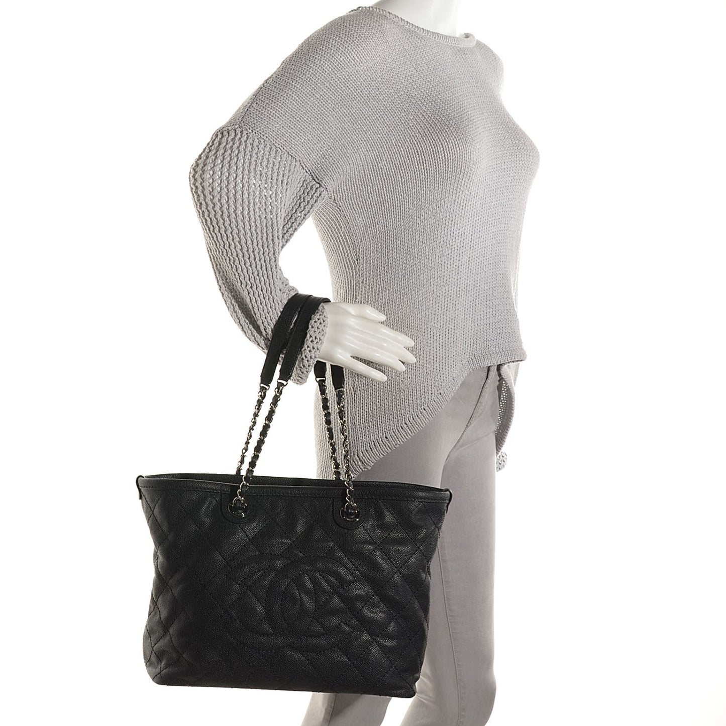 Grained Calfskin Quilted Small Daily Shopping Tote Black