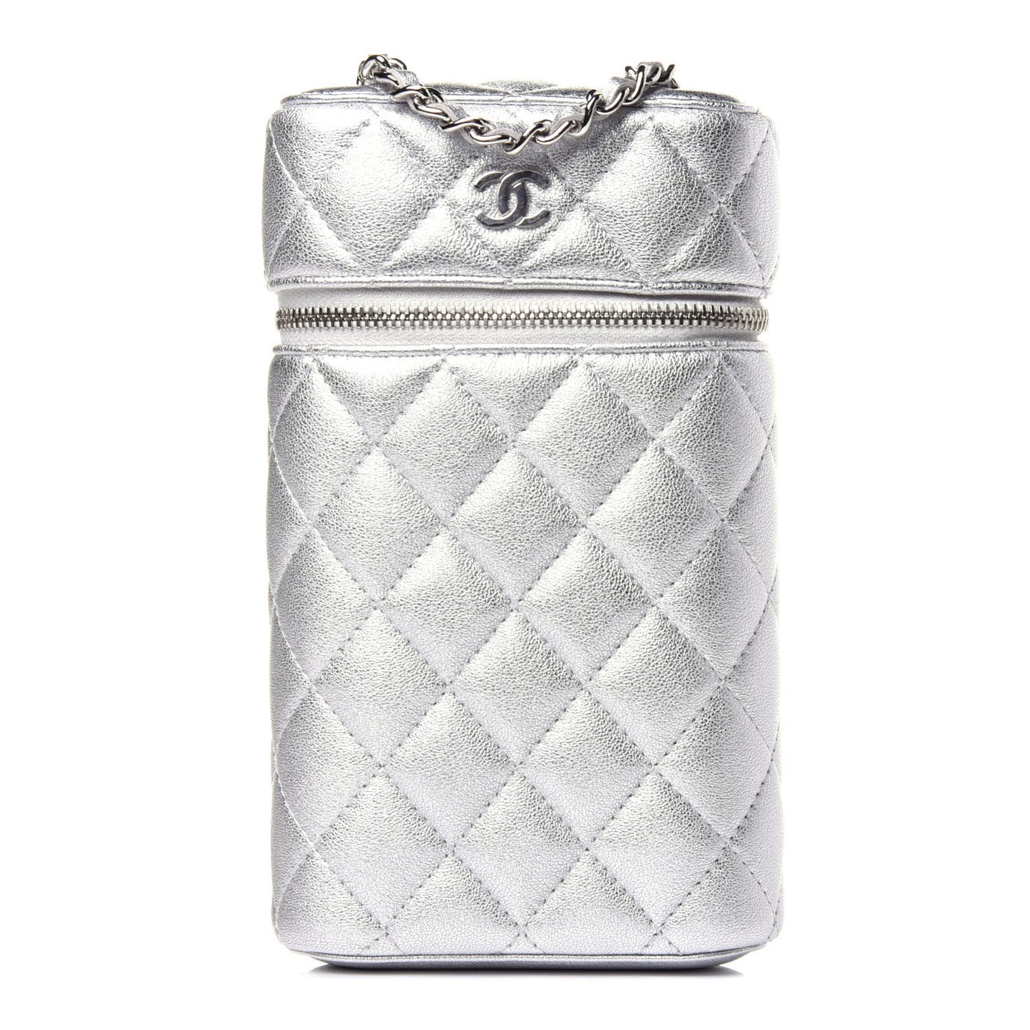 Metallic Lambskin Quilted Phone Holder With Chain Silver