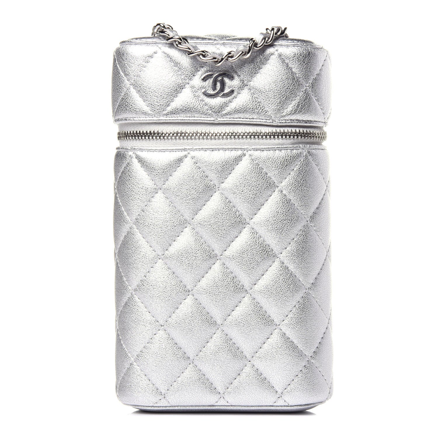 Chanel Metallic Lambskin Quilted Phone Holder With Chain Silver 1 of 12