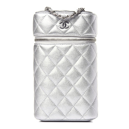 Chanel Metallic Lambskin Quilted Phone Holder With Chain Silver 1 of 12