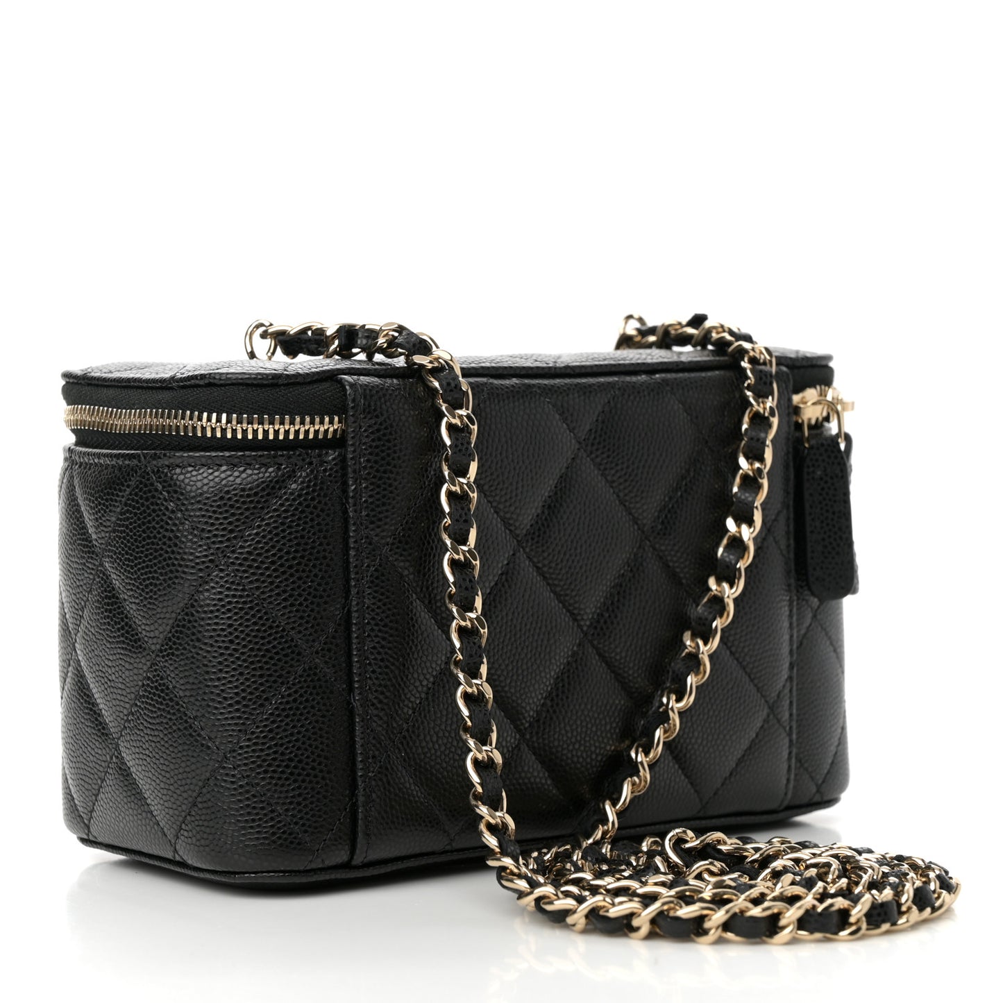 Caviar Quilted Crystal Hearts Small Vanity Case With Chain Black