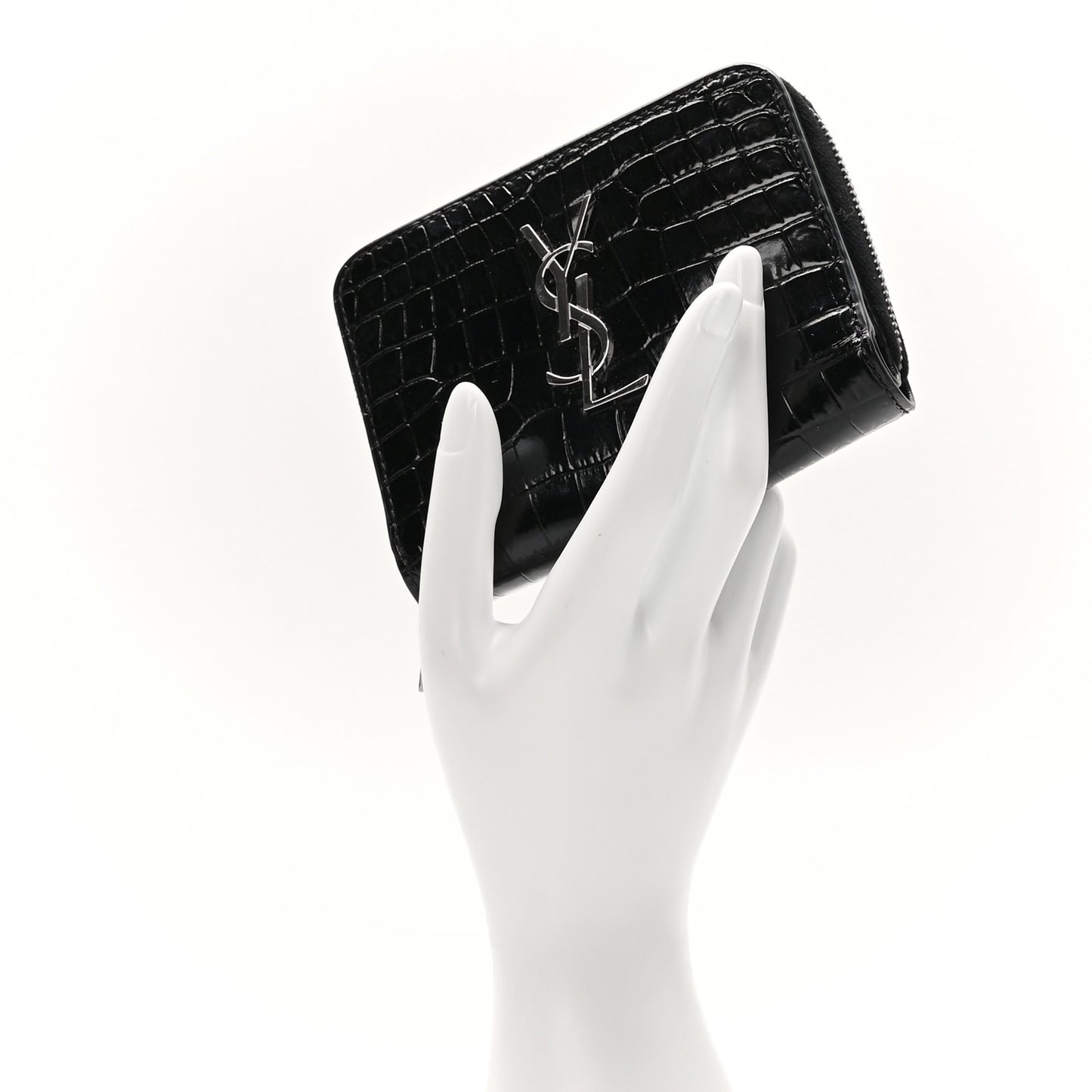 Calfskin Crocodile Embossed Monogram Compact Wallet Black