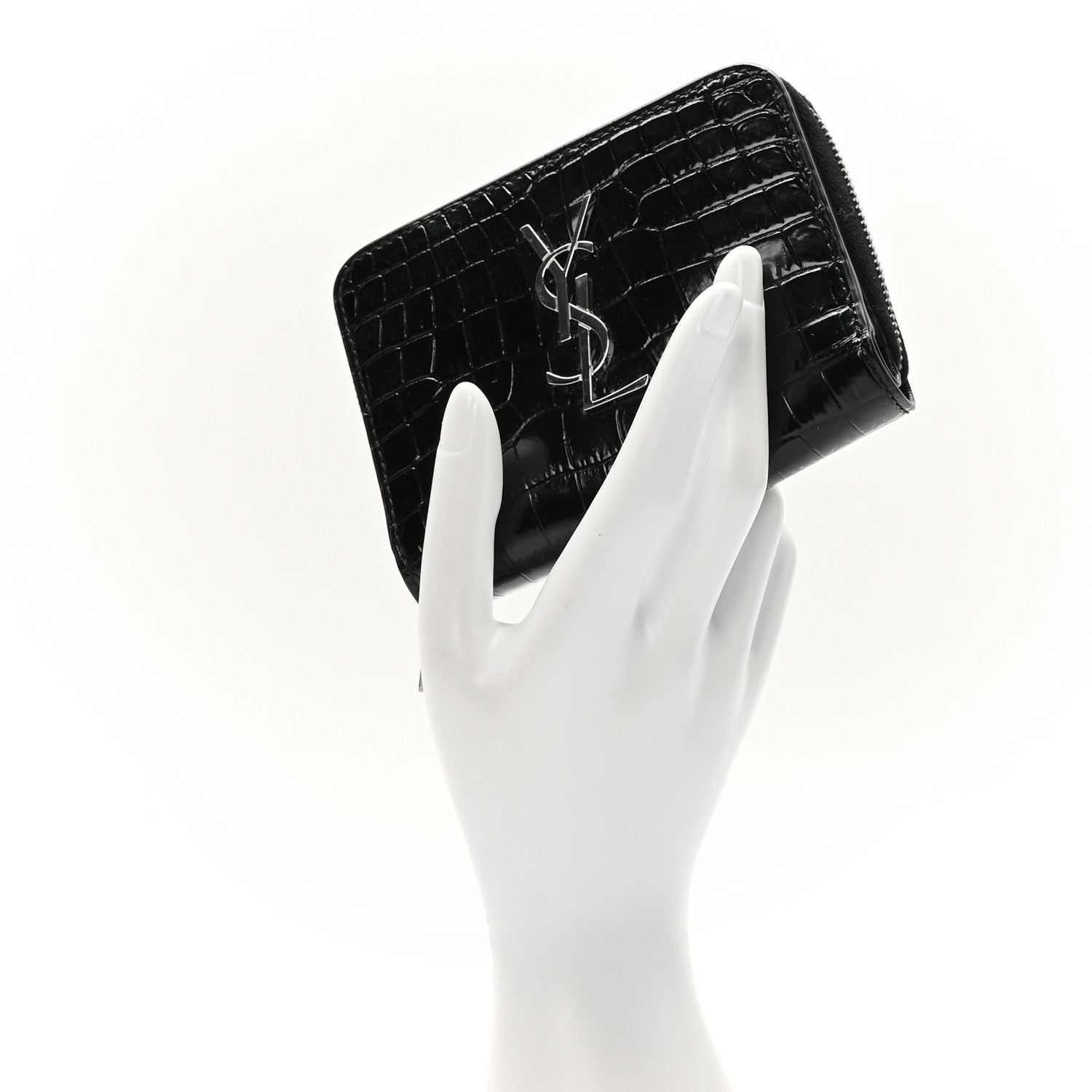 Saint Laurent Calfskin Crocodile Embossed Monogram Compact Wallet Black 2 of 7