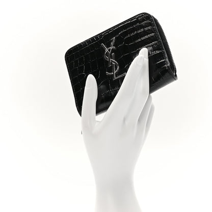 Saint Laurent Calfskin Crocodile Embossed Monogram Compact Wallet Black 2 of 7