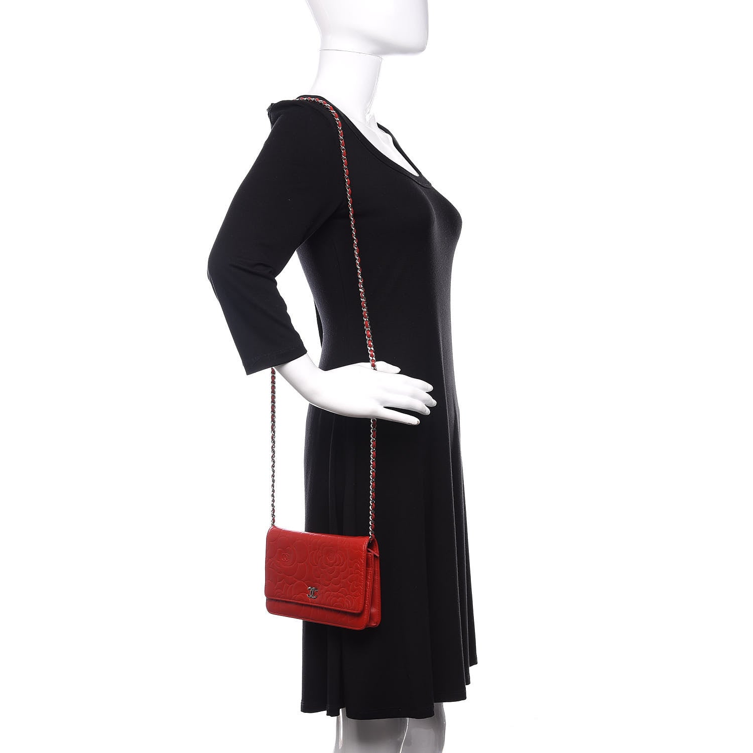 Chanel Lambskin Camellia Embossed Wallet On Chain WOC Red 2 of 14