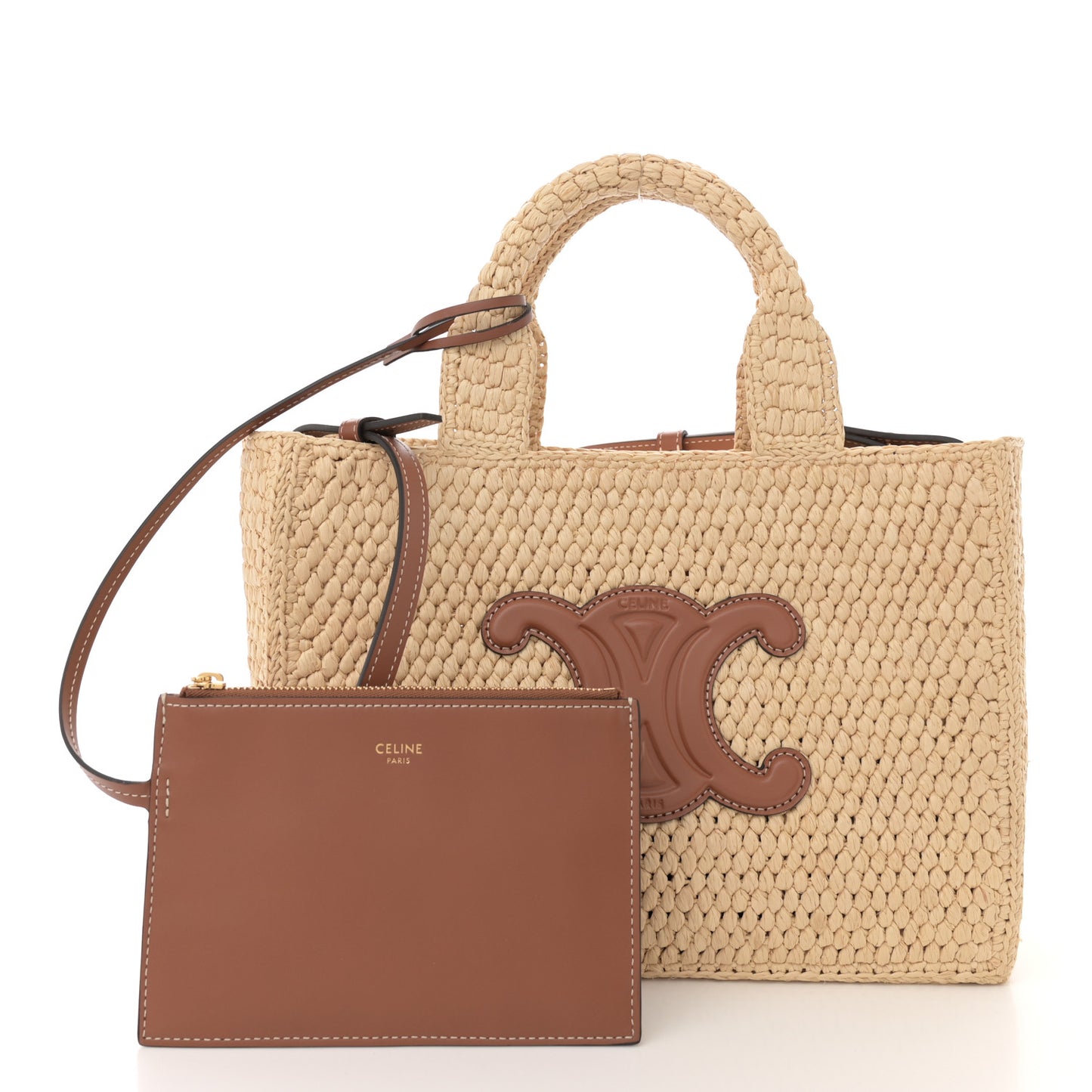 Raffia Calfskin Triomphe Small Cabas Thais Tan