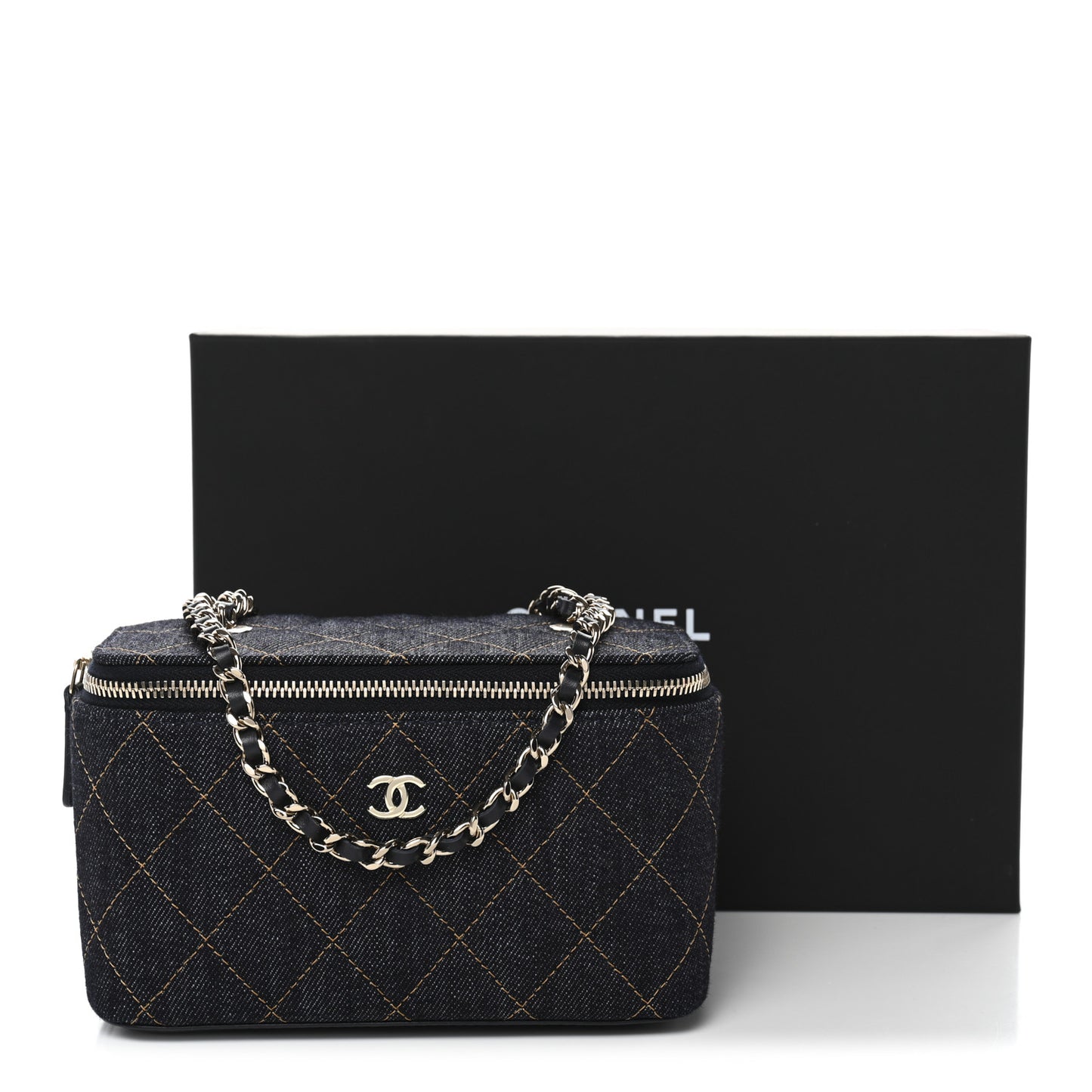 Denim Quilted Small Vanity Case With Chain Dark Blue Orange