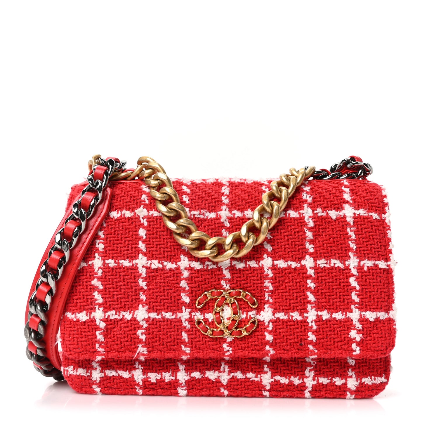 Tweed Quilted Chanel 19 Wallet On Chain WOC Red White