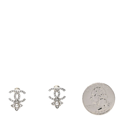 Chanel Crystal Pearl Flower CC Earrings Silver 2 of 4