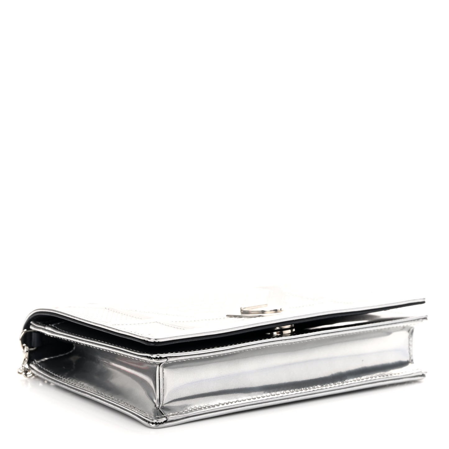 Metallic Patent Micro-Cannage Diorama Wallet on Chain Pouch Silver