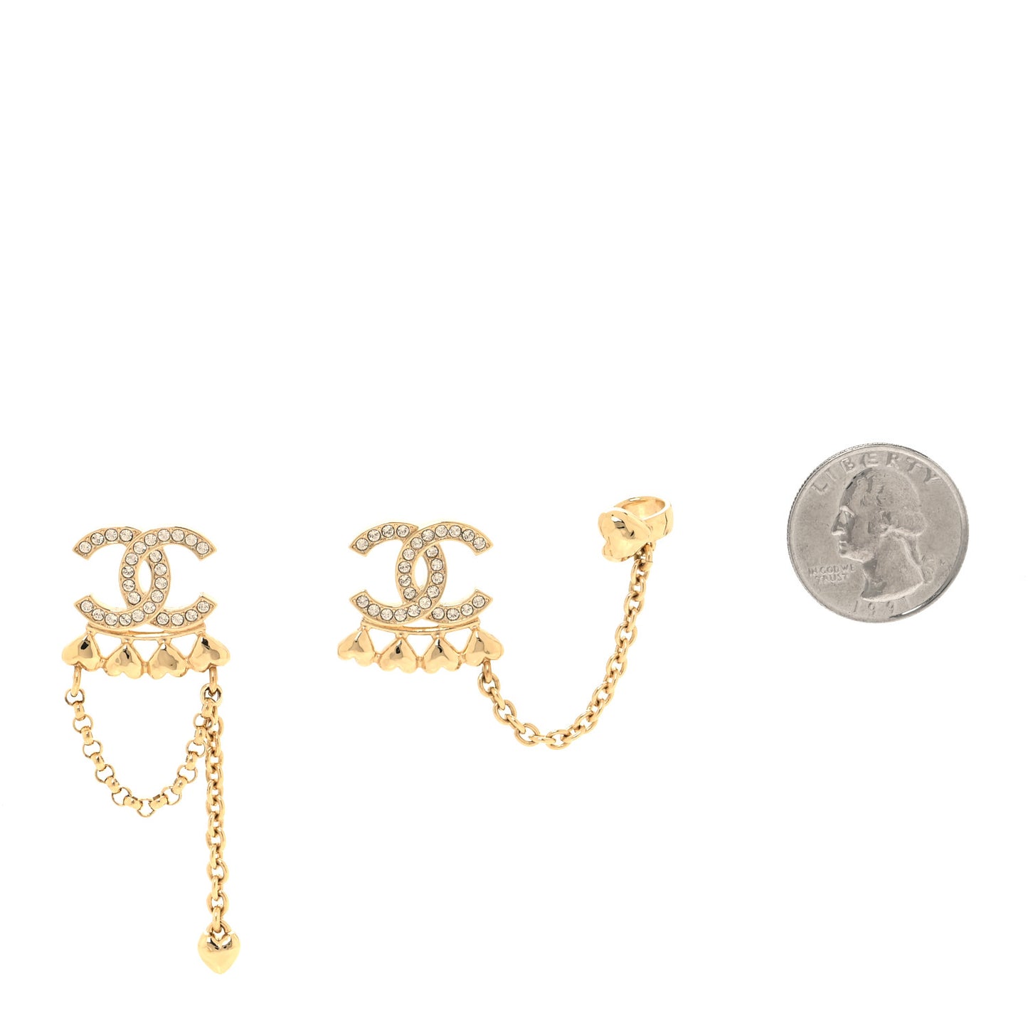 Metal Crystal CC Drop Heart Link Earrings Gold