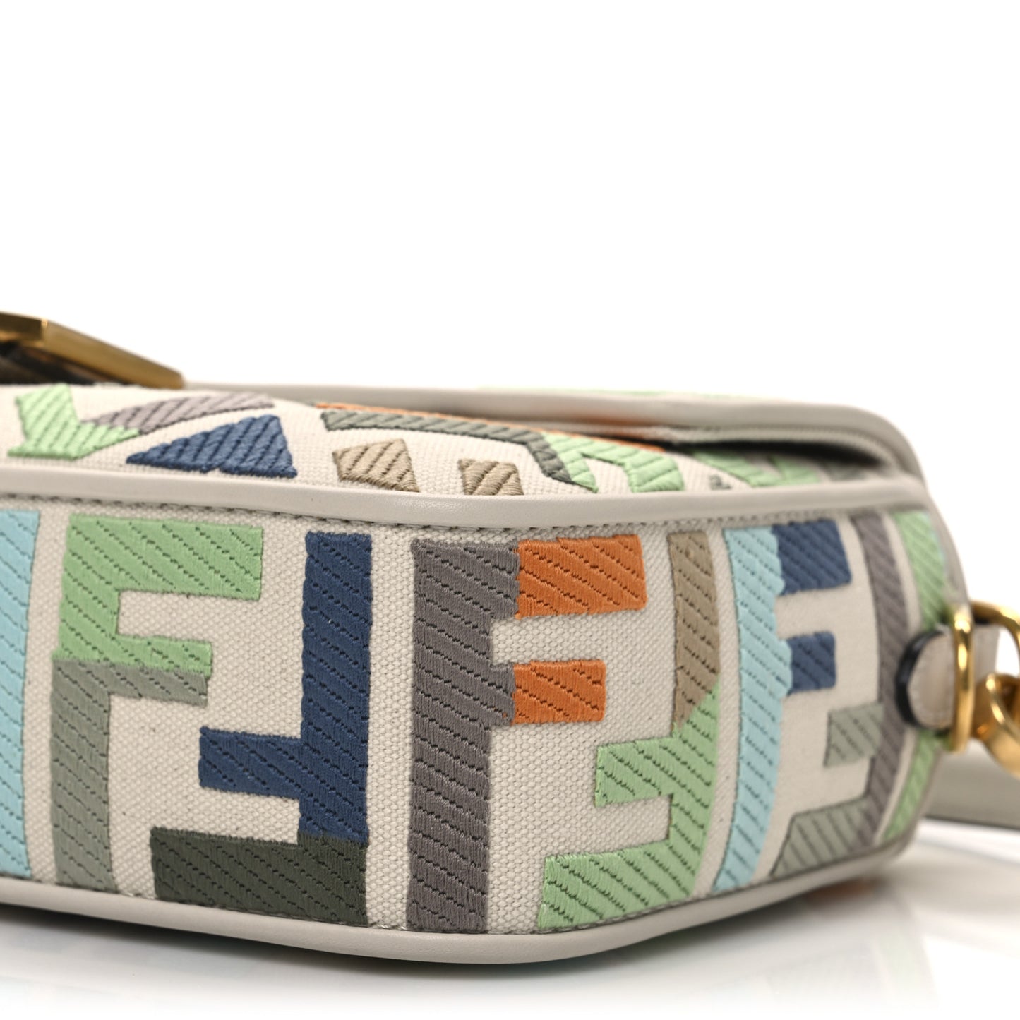 Canvas Vitello Seta FF Multicolor Embroidered Baguette Grezzo Multicolor Latte